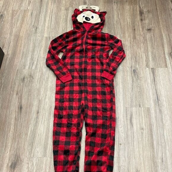 Max & Olivia 1-Piece Checkered Reindeer Pajama Large 12-14 Holiday PJs - Picture 1 of 5